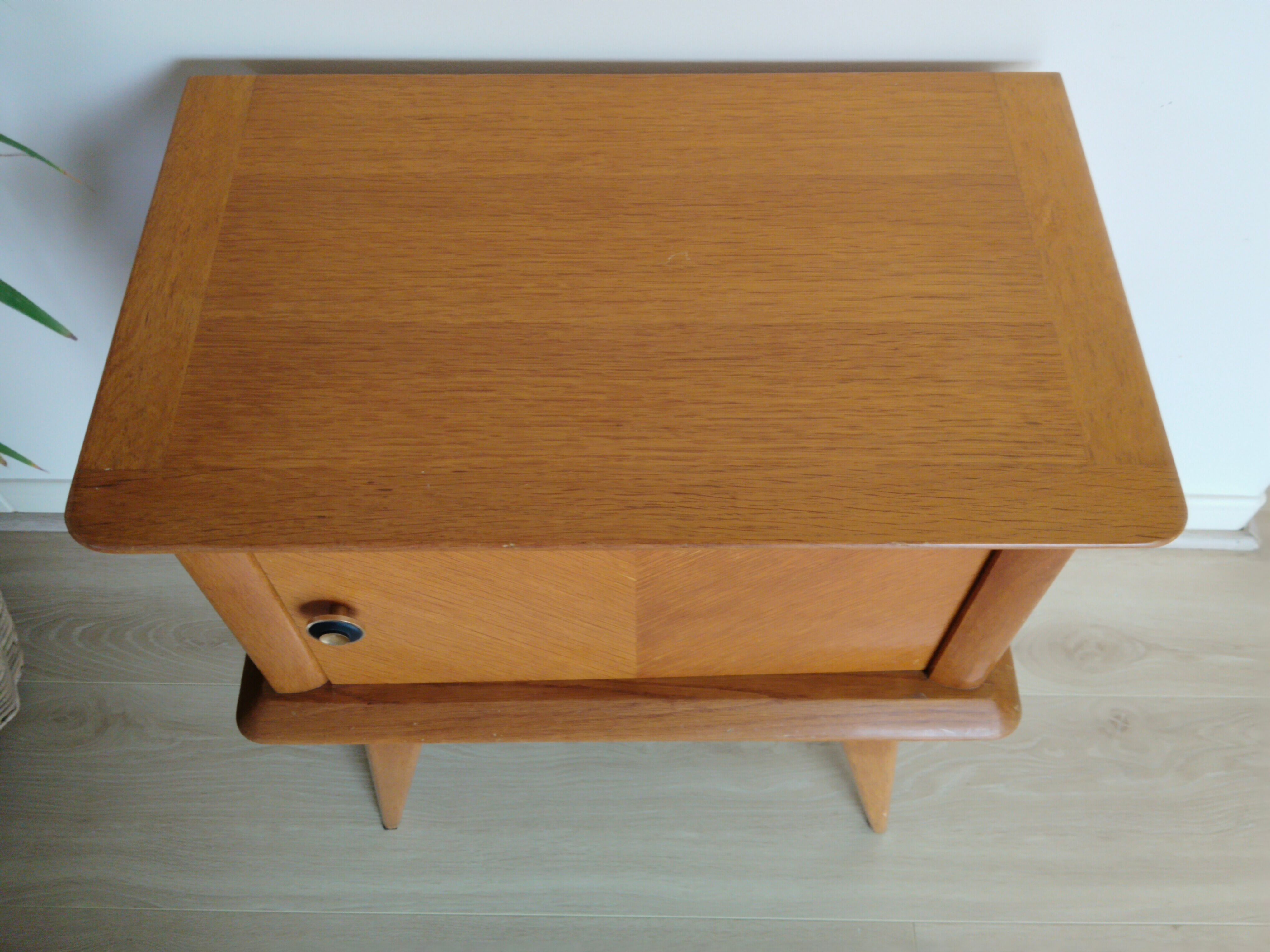 Vintage bedside table, varnish, compass legs, vintage 50s