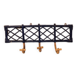Old rattan coat rack with 3 hooks and crosspieces on the upper part