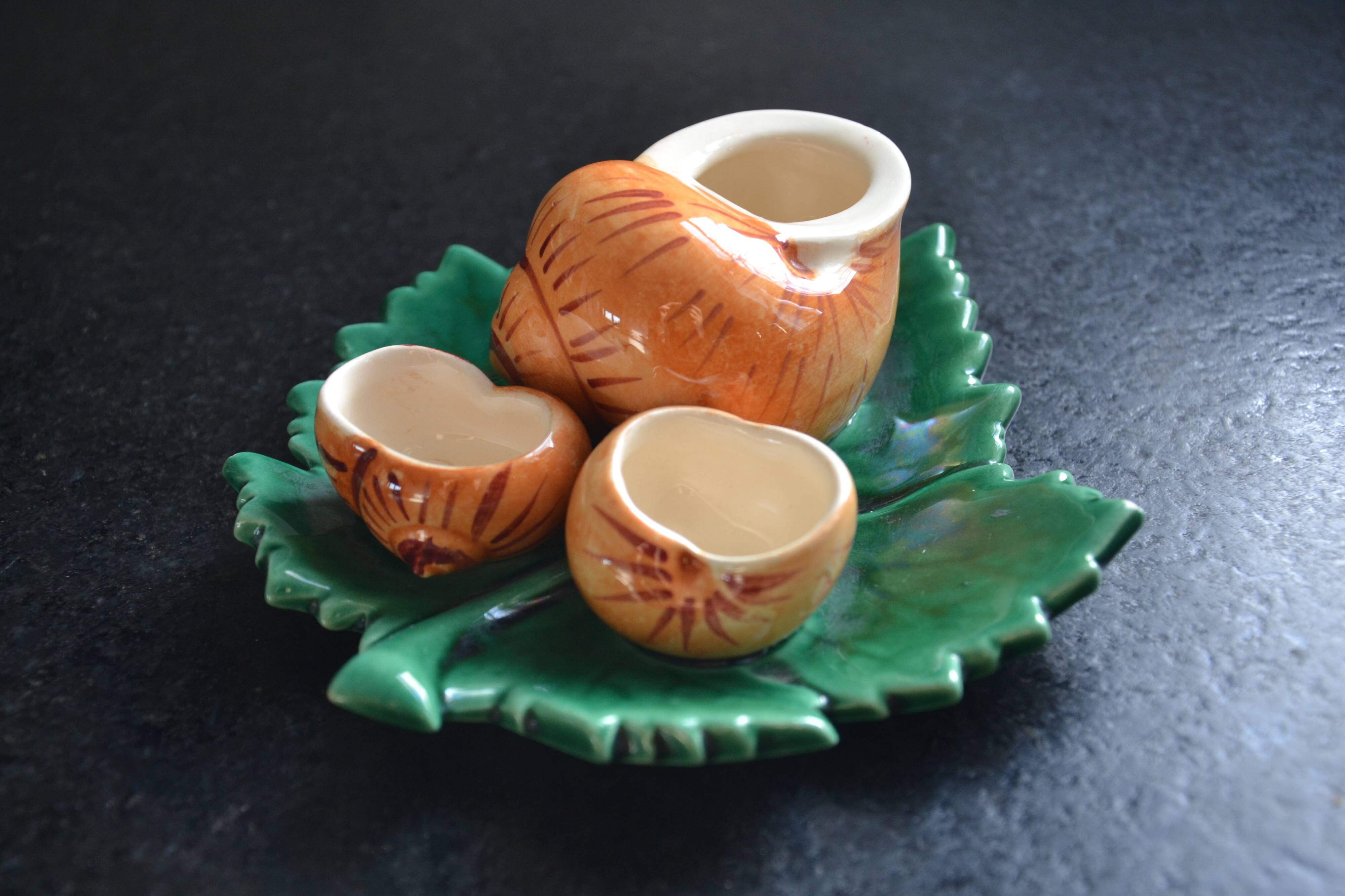 Salt and pepper shakers, mustard and barbotine Roger Colas