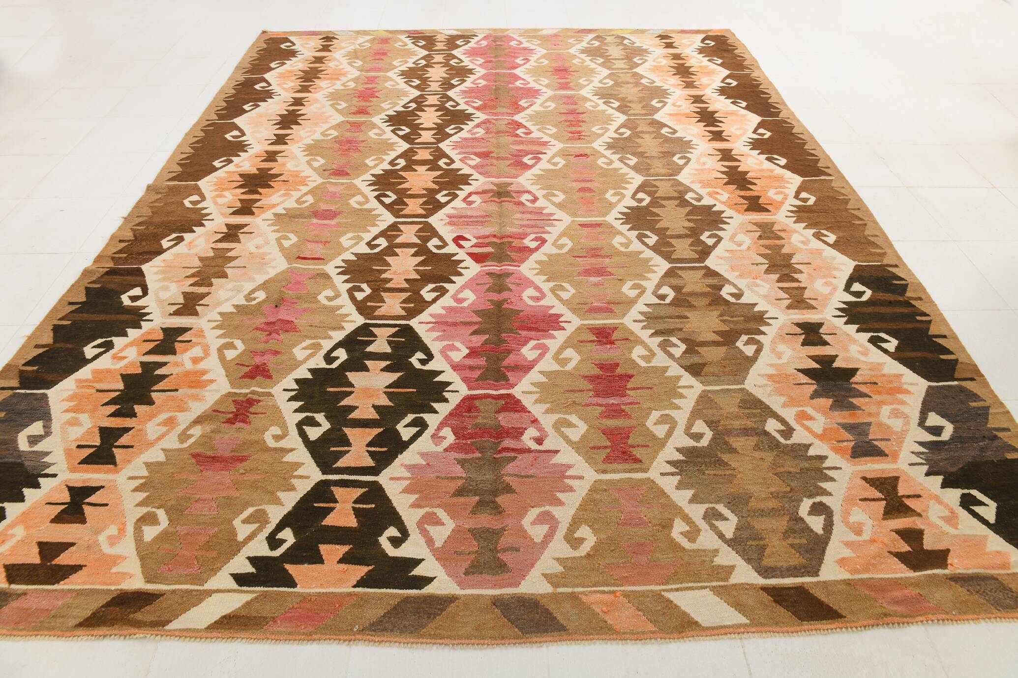 Grand tapis kilim turc vintage, décor bohème multicolore, 289x381 cm