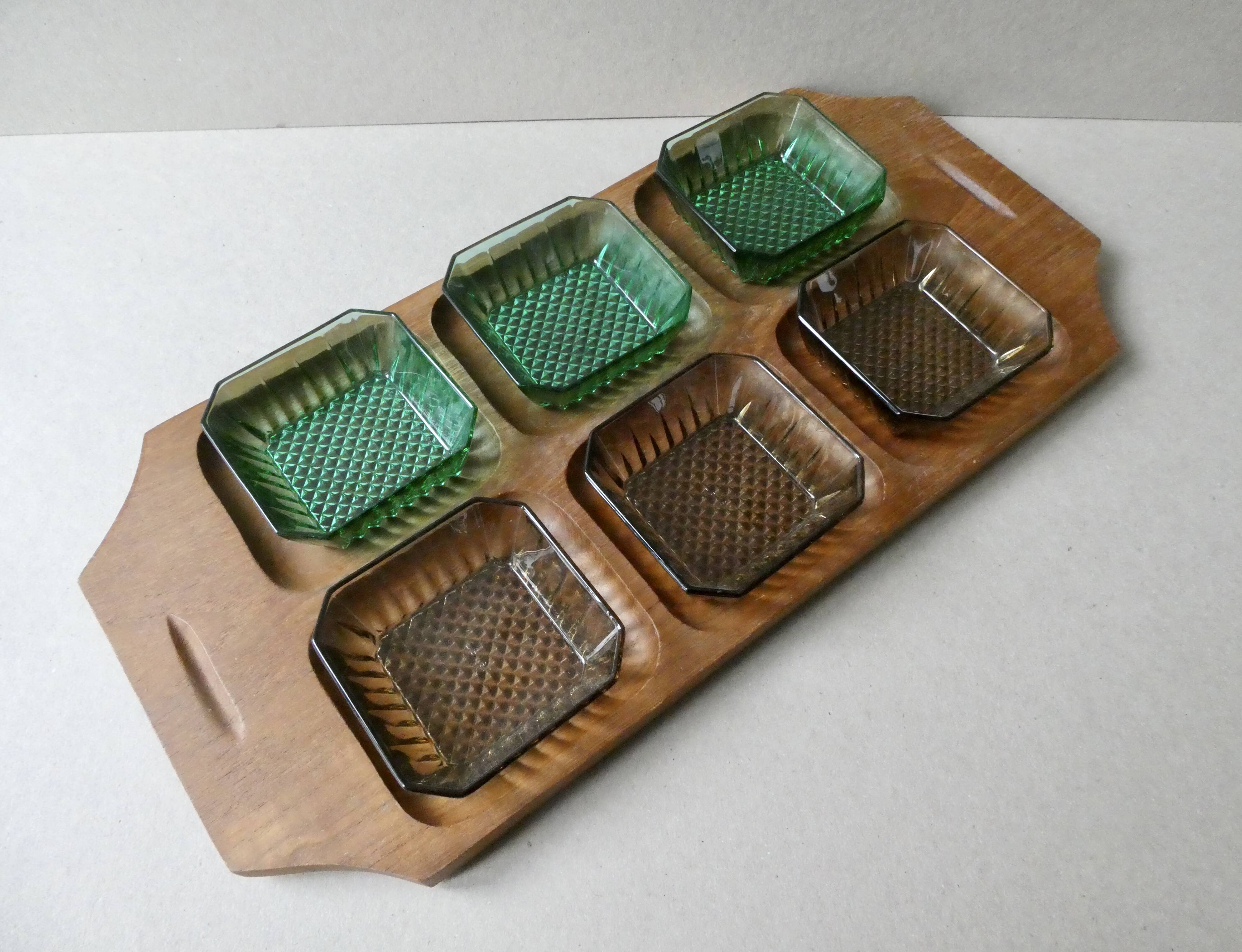 Teak serving tray with 6 glass bowls, 1960s