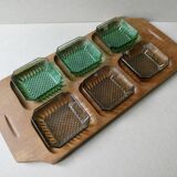 Teak serving tray with 6 glass bowls, 1960s