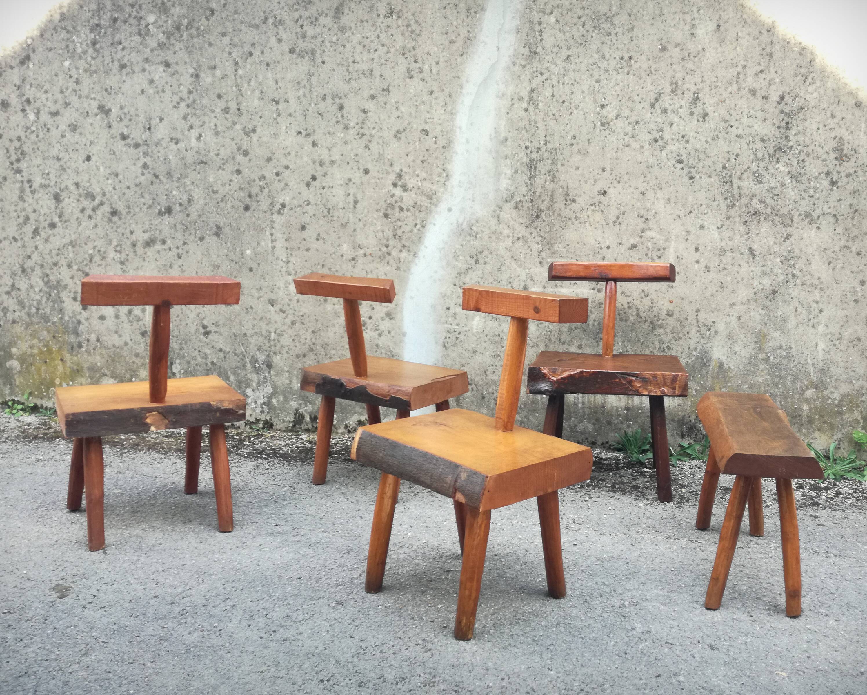 Brutalist handcrafted chairs, France, 1960s, set of 5