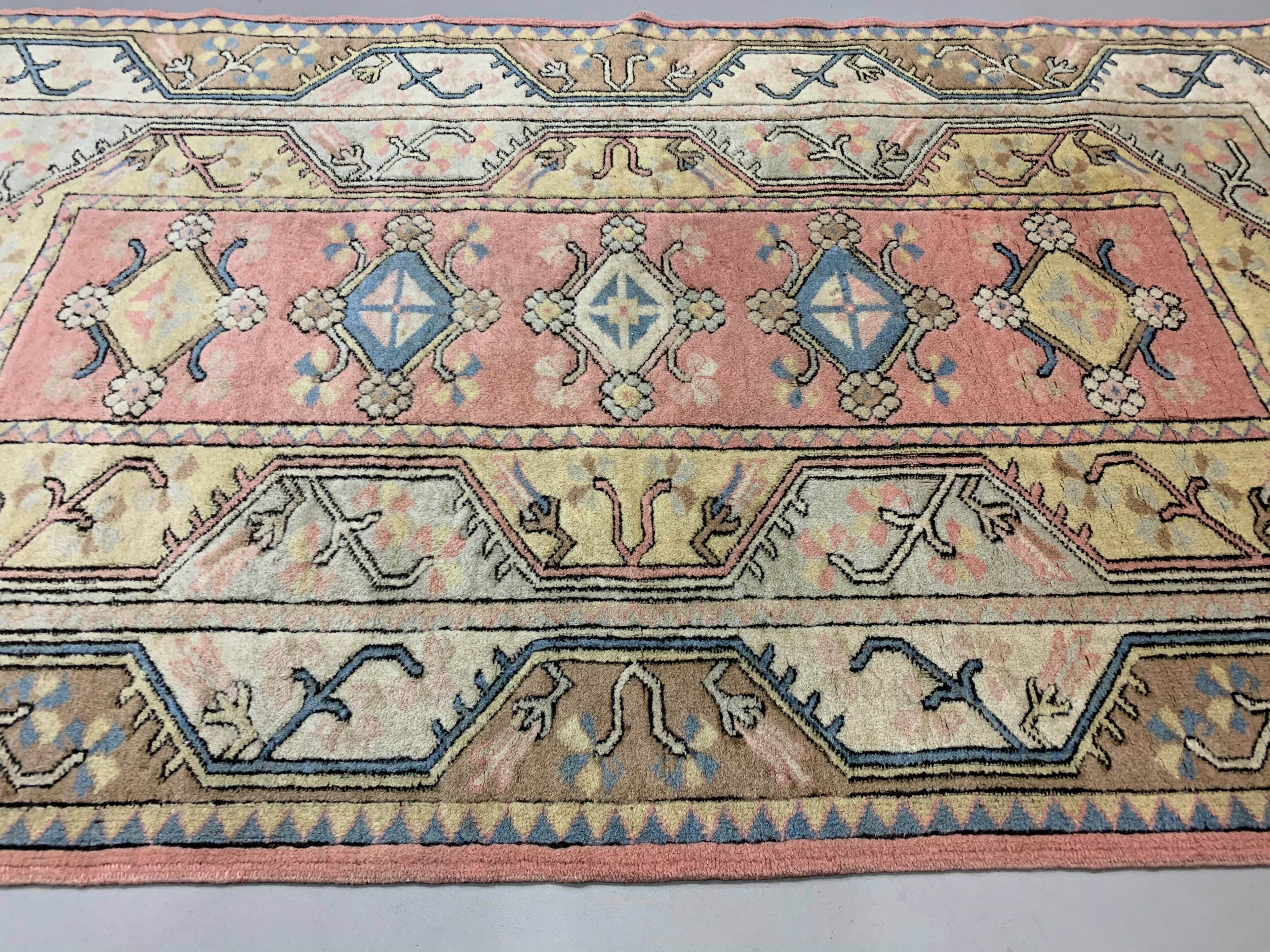 Old Turkish Milas Rug 212x122 cm old vintage carpet Ushak Region Pink Beige Blue