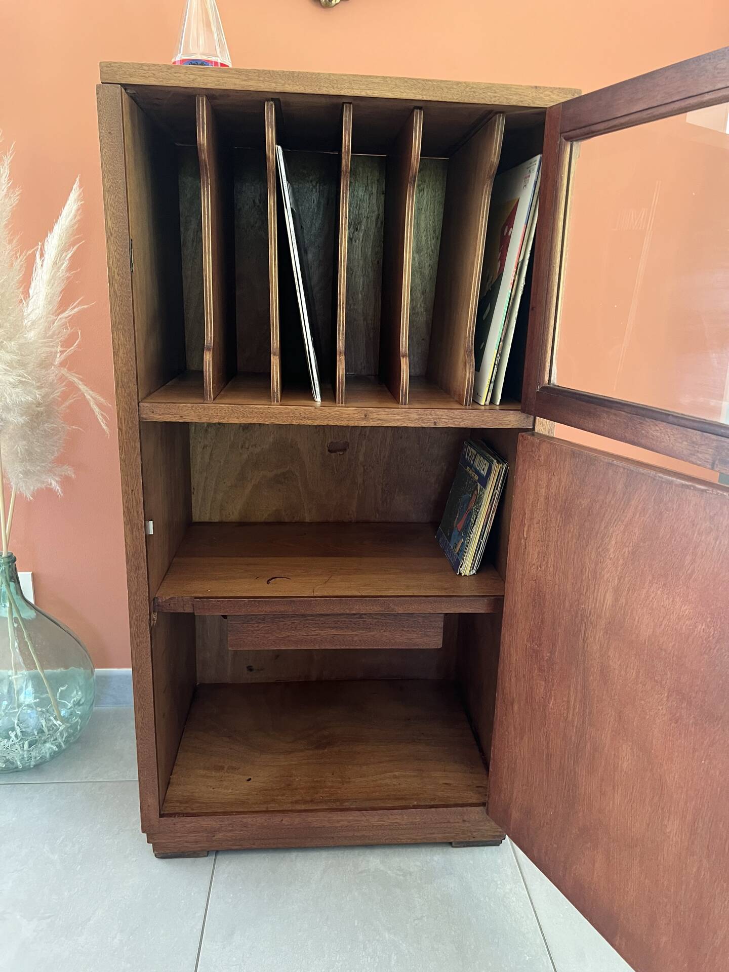 Vintage wooden furniture, vinyl storage, bookshelf, desk.