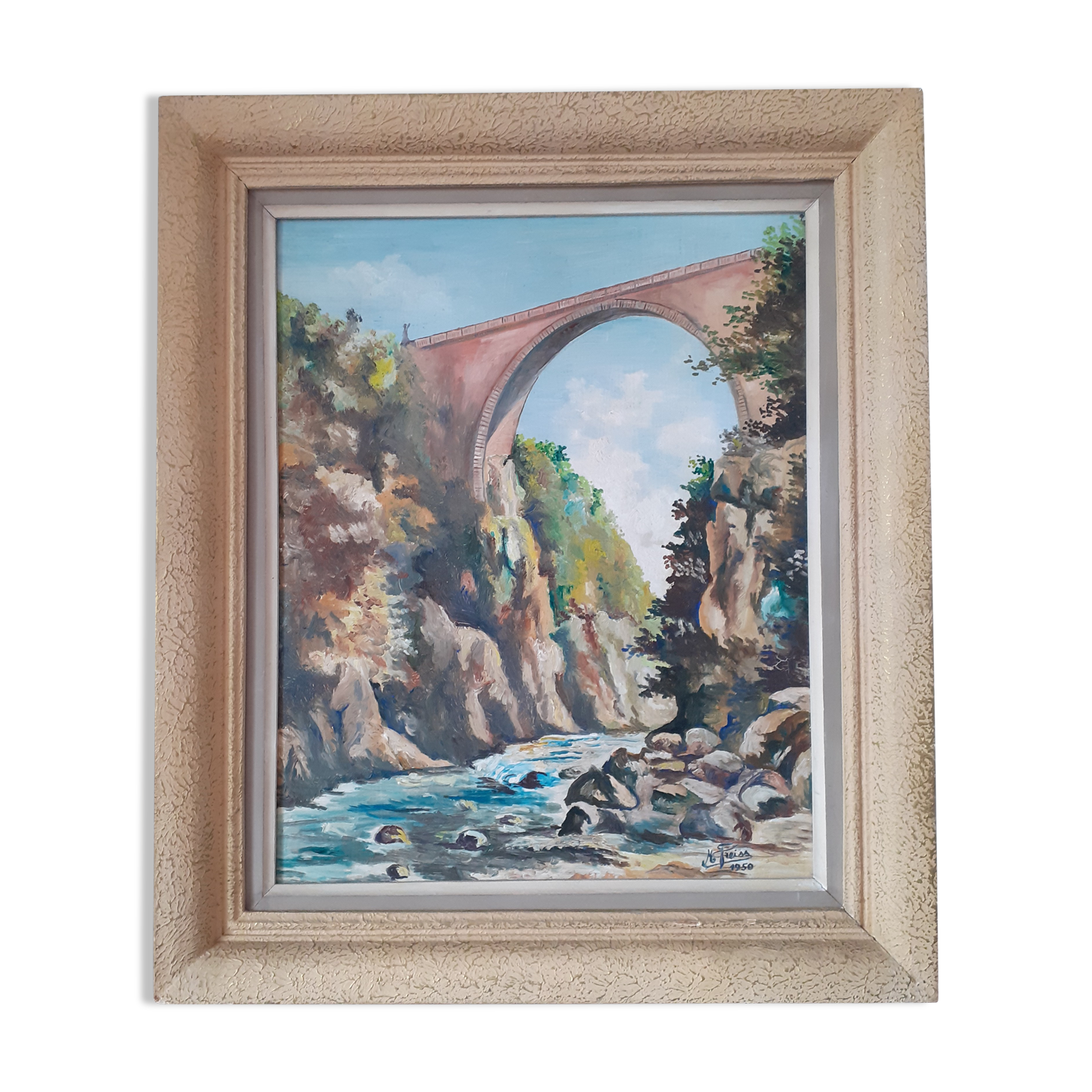 Painting Pont Napoléon Luz Saint Sauveur 1950 signed