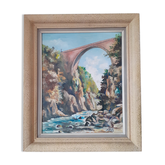 Painting Pont Napoléon Luz Saint Sauveur 1950 signed