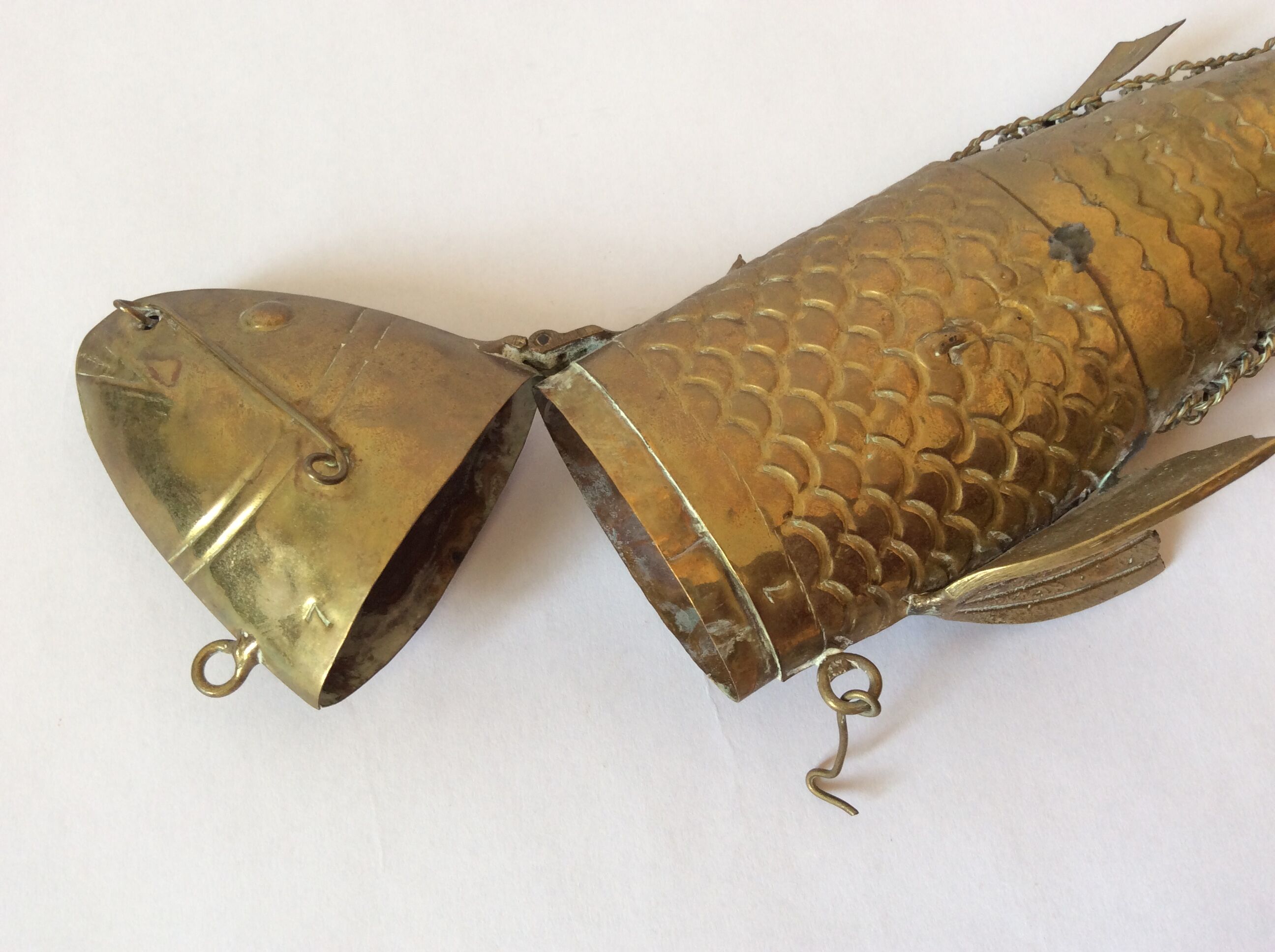 Old articulated brass fish box