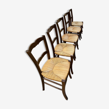 Series of 12 rustic beech and straw chairs