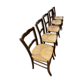 Serie de 12 chaises rustique en hêtre et paille