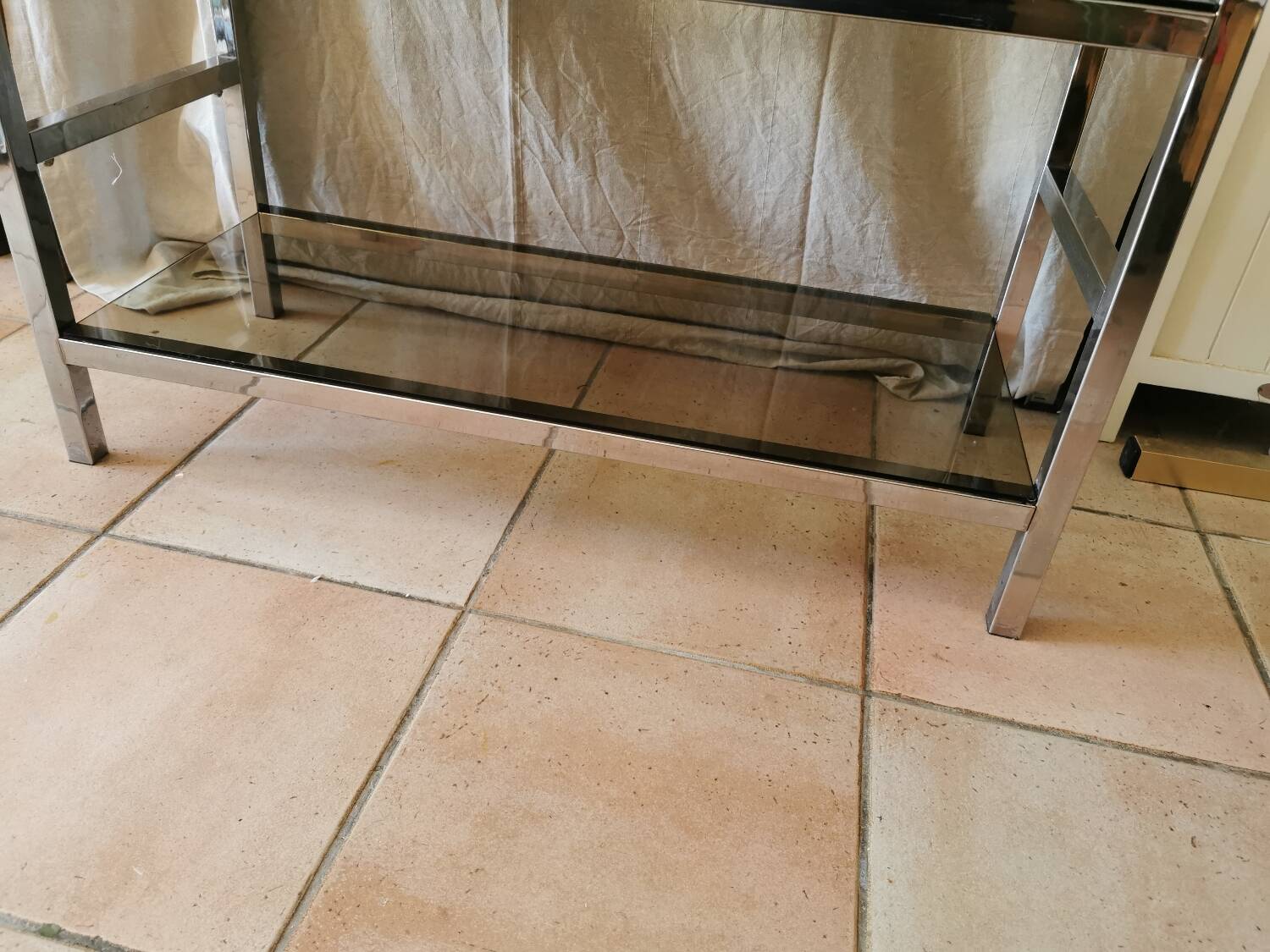 Étagère vintage métal chromé et verre fumé