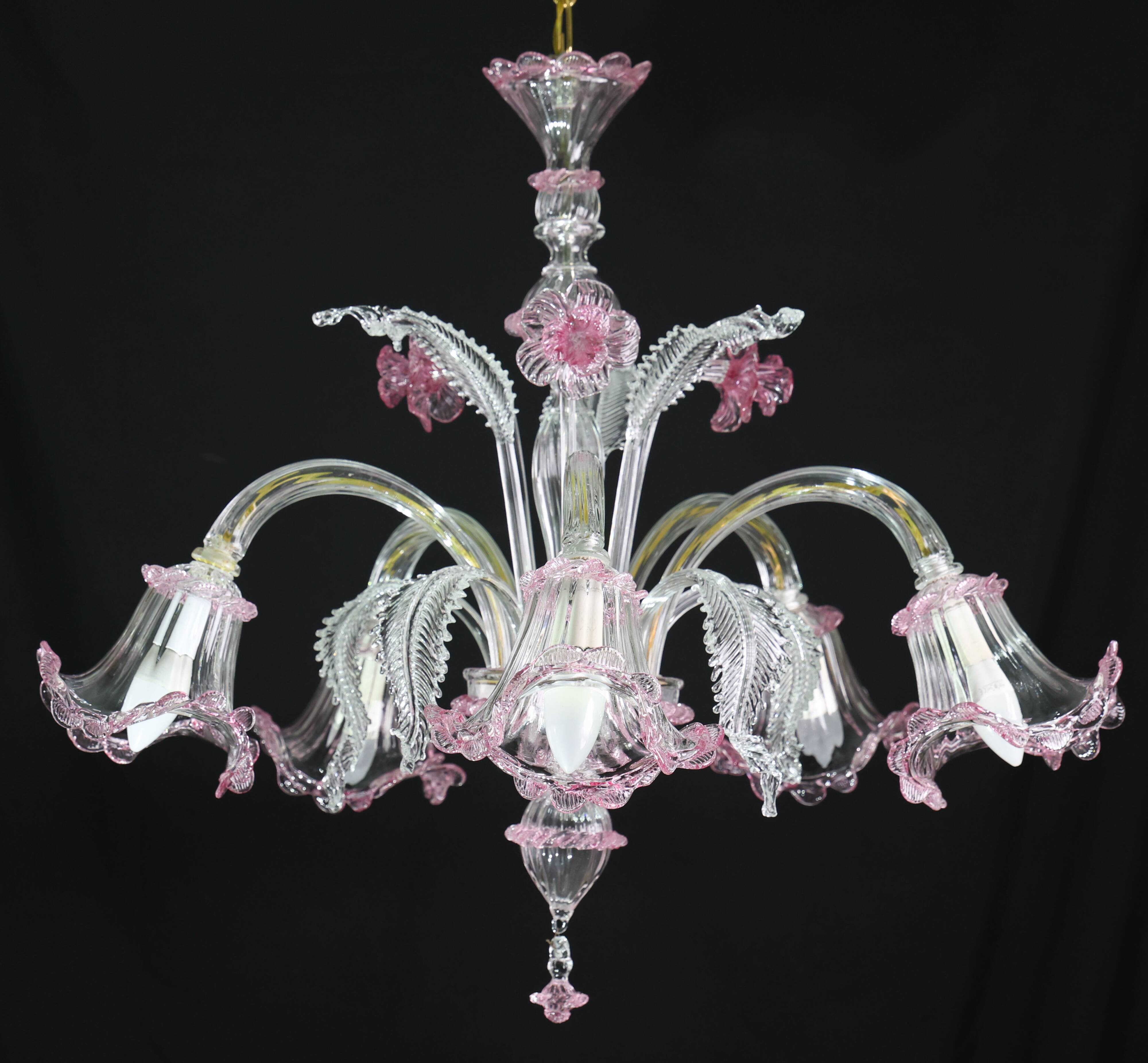 Charming Vintage Venetian Chandelier, Pink Murano Glass, 1950s