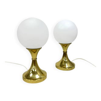 Pair of Globe Table Lamps, AKA Leuchten, Germany, 1970s, Brass and Glass