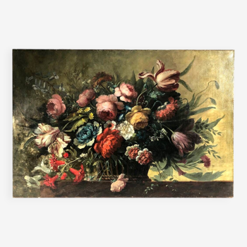 oil on canvas, basket of flowers on an entablature in the style of the 17th century