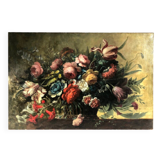 huile sur toile, corbeille de fleurs sur un entablement dans le goût du XVIIe