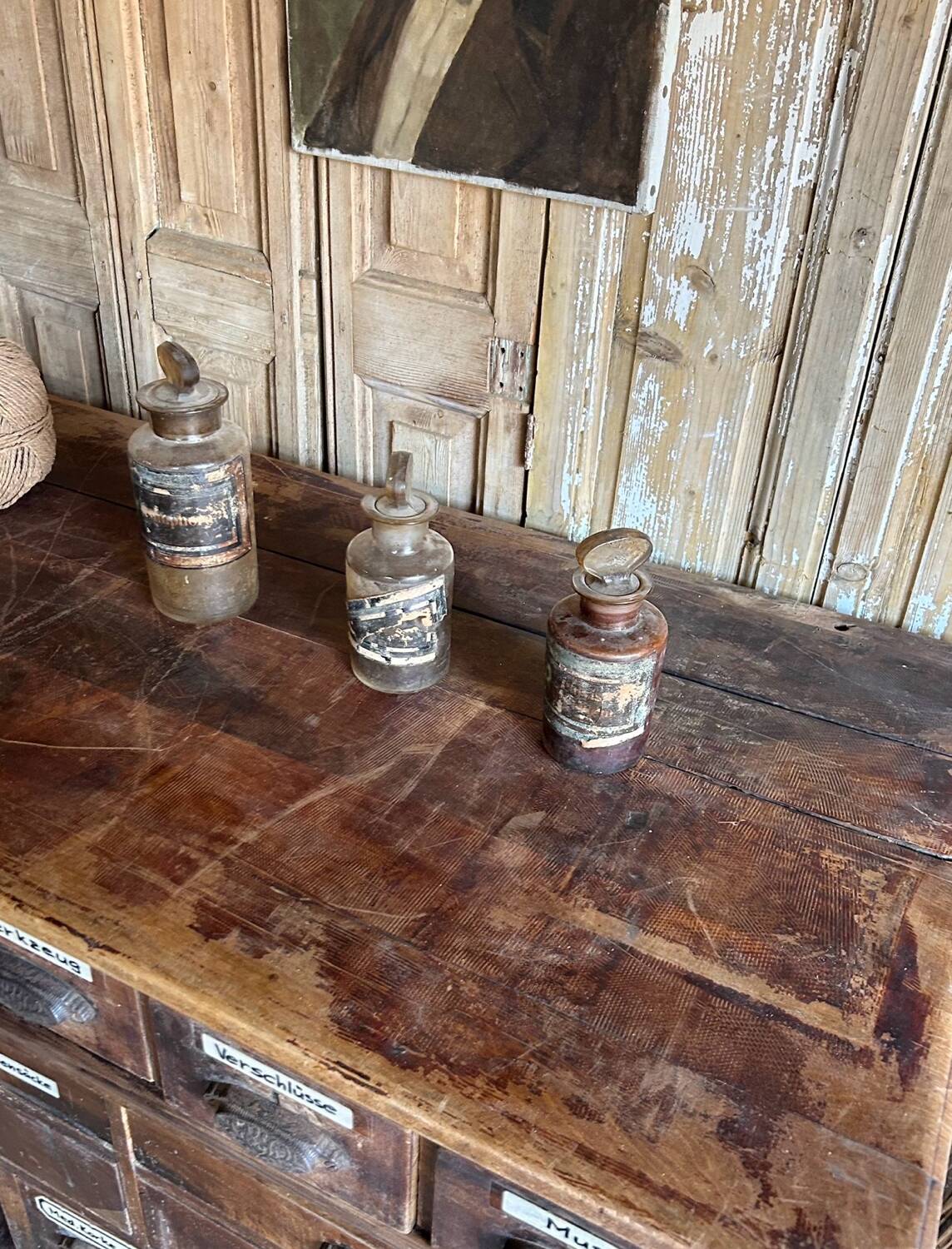 Exceptional antique apothecary workbench.