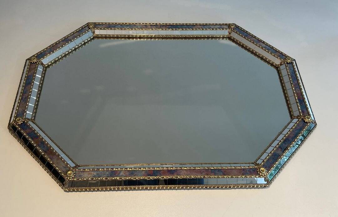 Octagonal Faceted Mirror with Brass Garlands — French Work, Glass
