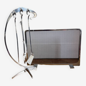 Jaques Charles polished stainless steel fireplace set for Jean-Paul Créations France 1970