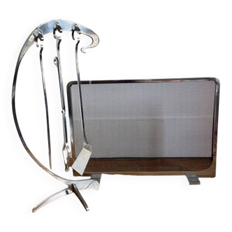 Jaques Charles polished stainless steel fireplace set for Jean-Paul Créations France 1970