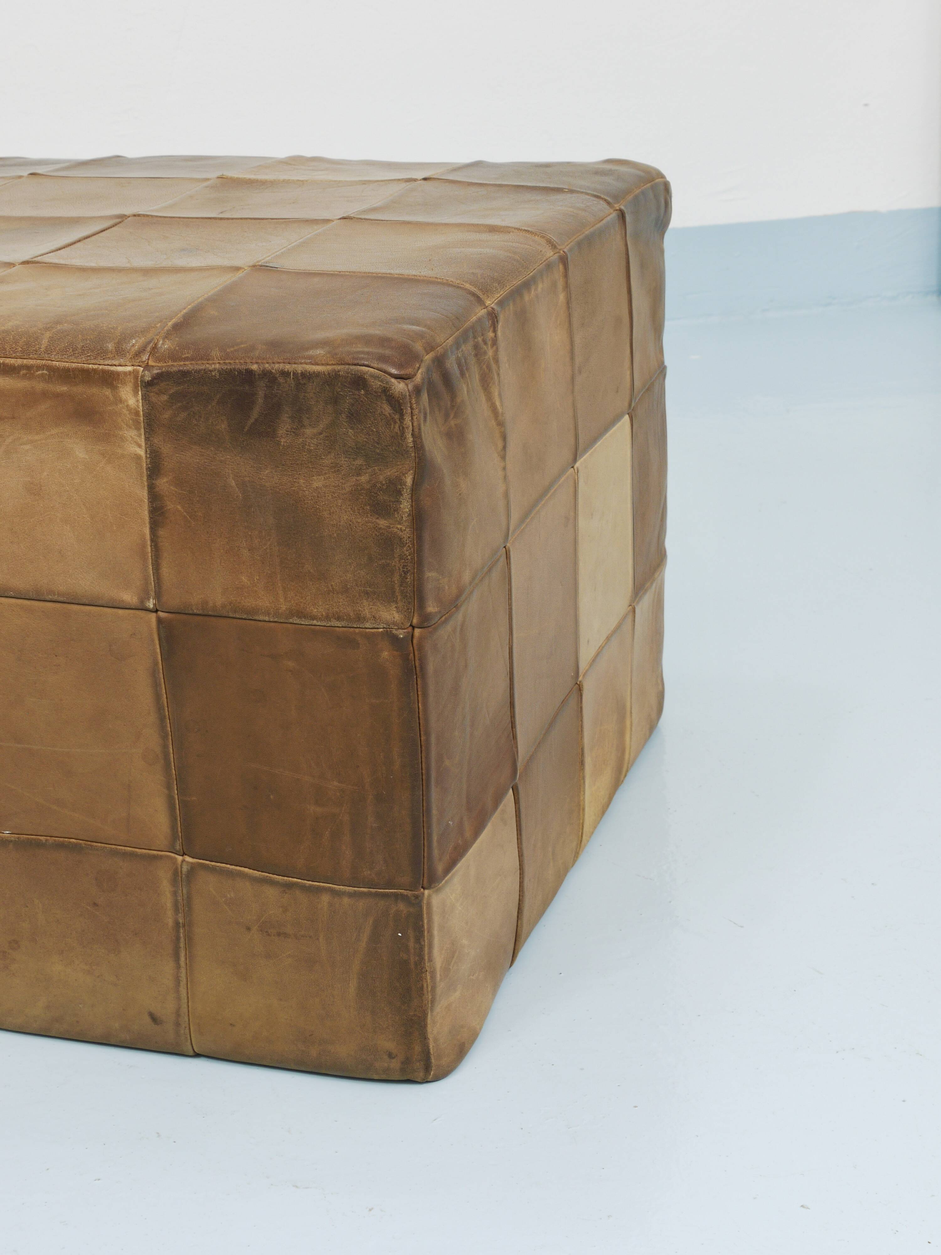 De Sede Patchwork Leather Cube Stool, Pouf, Ottoman, Switzerland, 1970s