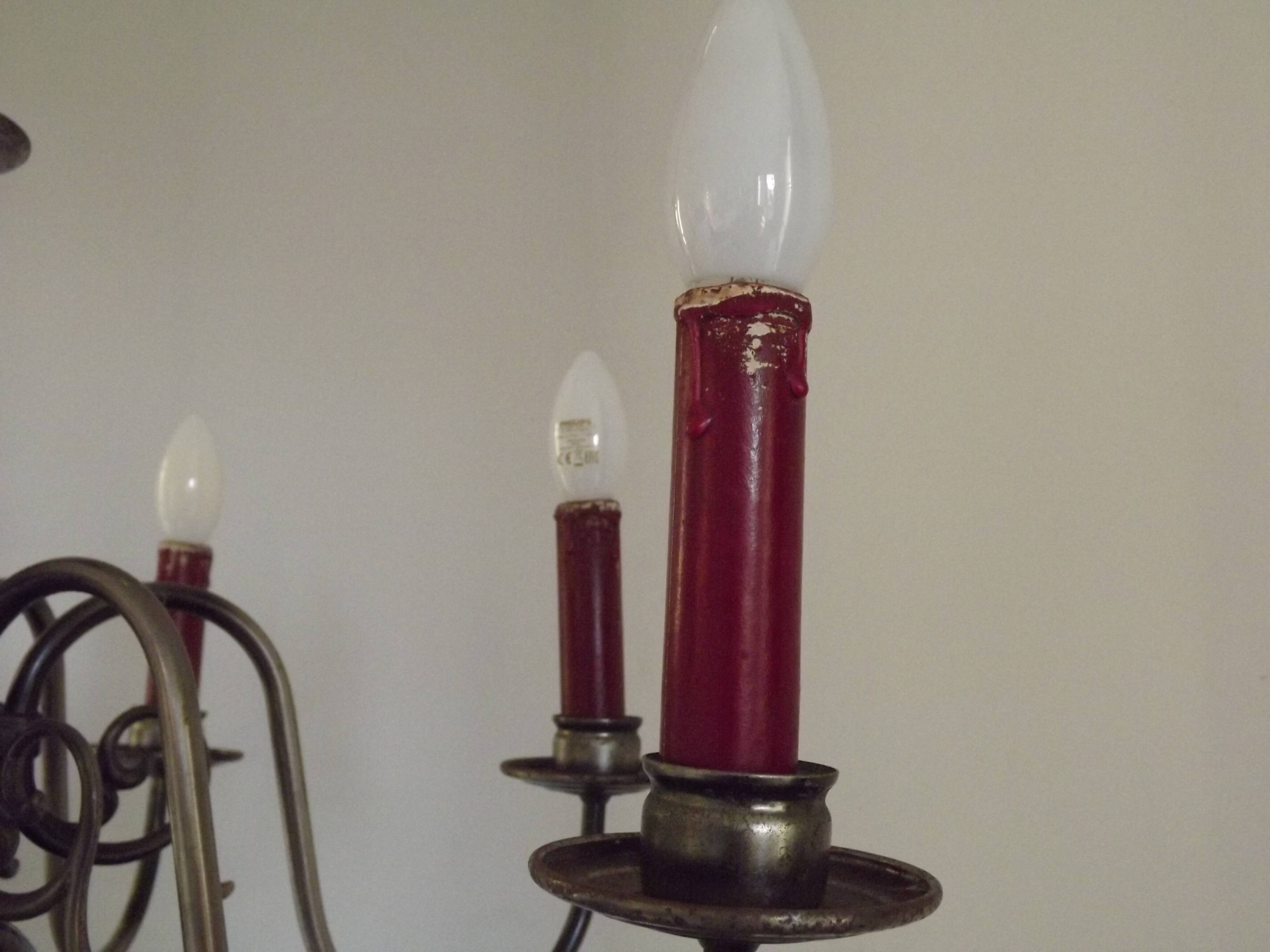 French Vintage Two-Tone Silver Metal 6-Light Flemish Chandelier with Red Drips
