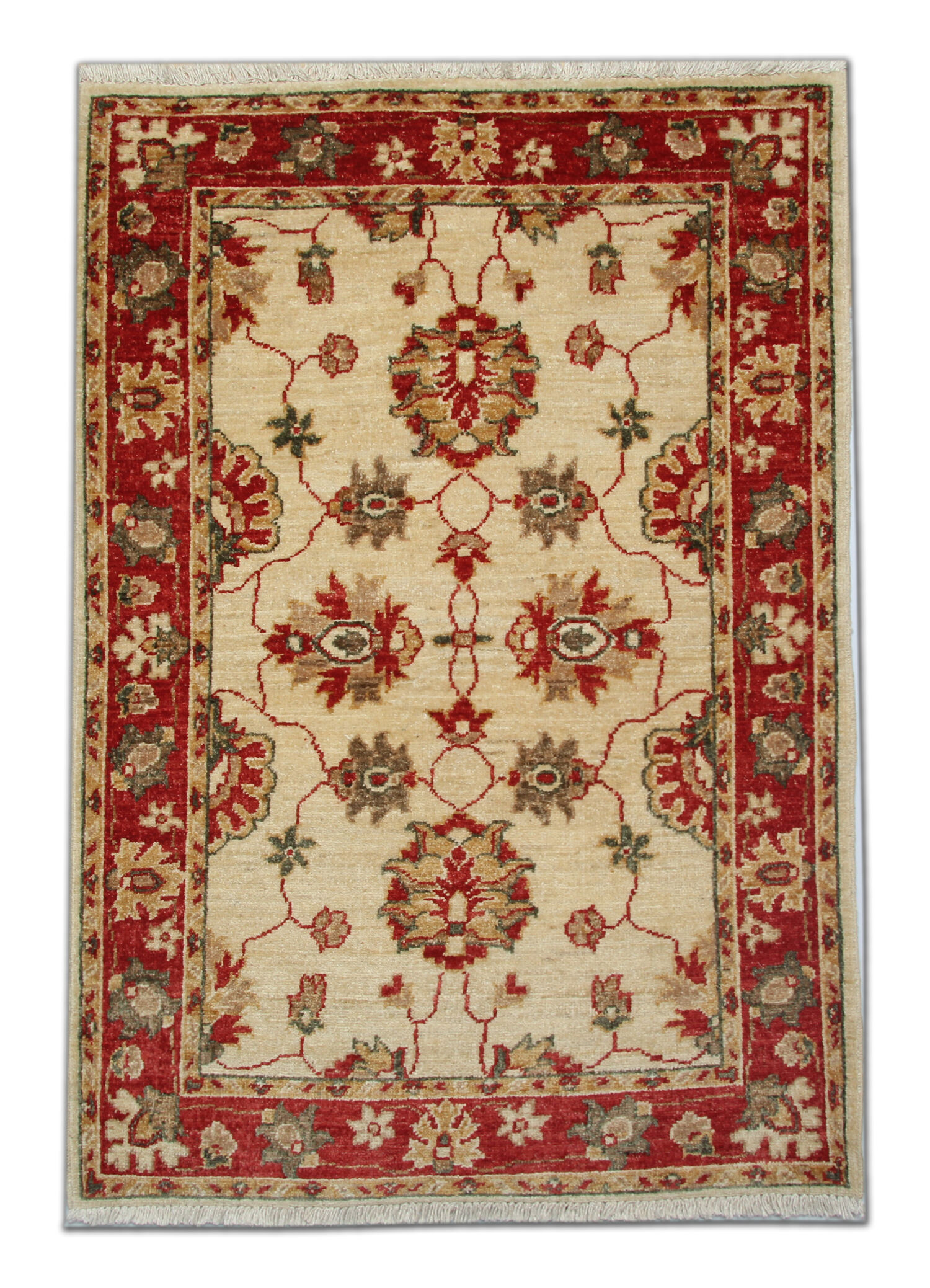 Red beige wool rug handmade oriental carpet traditional living room rug- 86x123cm