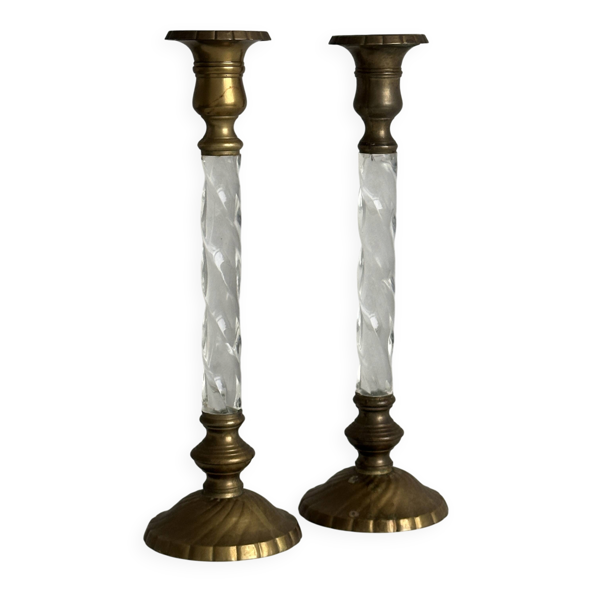 Pair of twisted metal and glass candlesticks