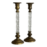 Pair of twisted metal and glass candlesticks