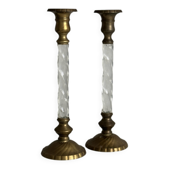Pair of twisted metal and glass candlesticks