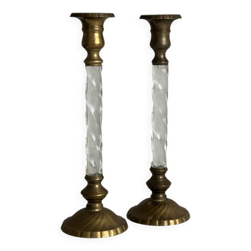Paire de bougeoirs métal et verre torsadé