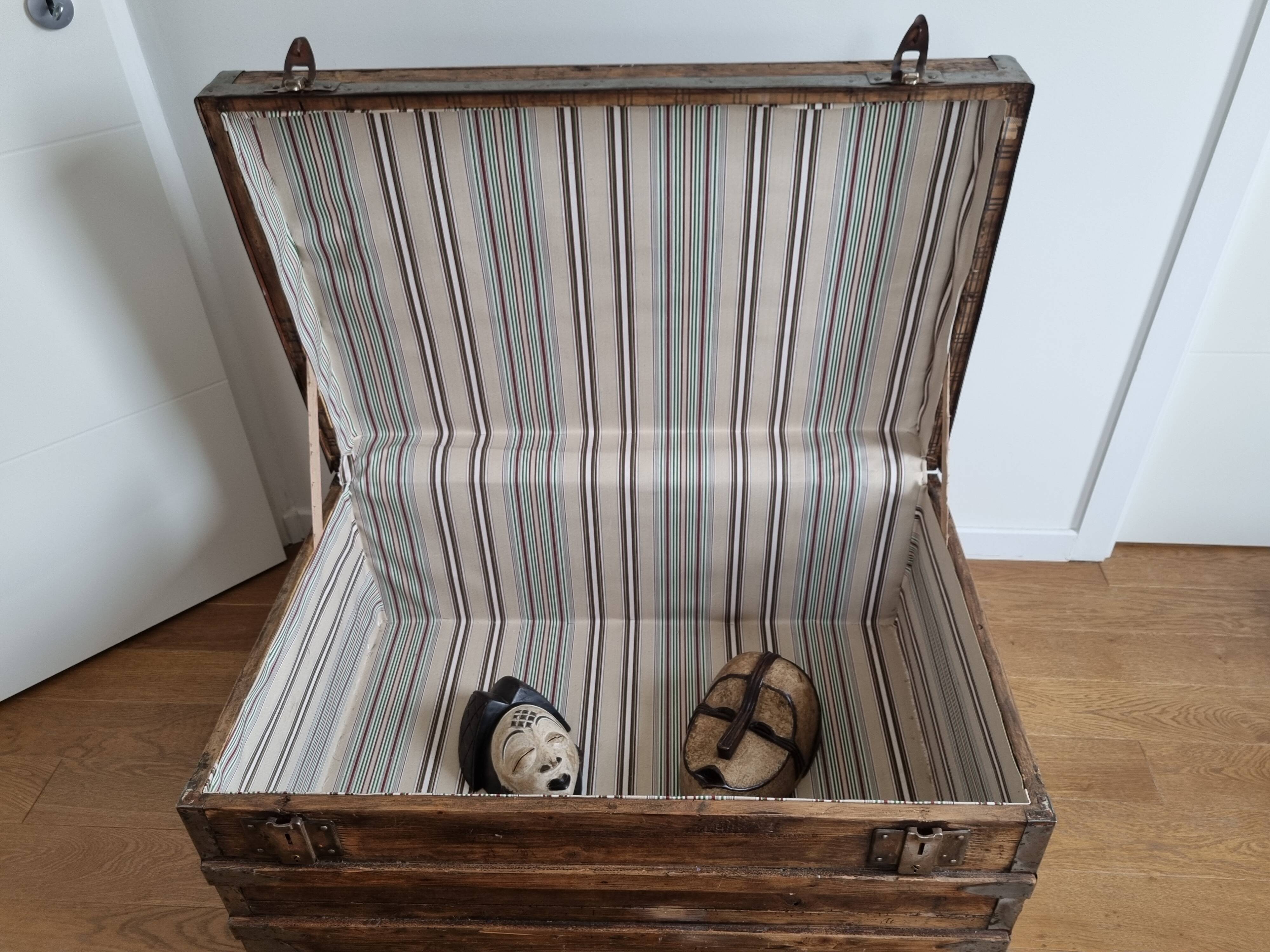 Large-scale marine style decorative wooden trunk with interior upholstery