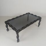 Table basse vintage brutaliste en fer noir à mailles de chaîne avec verre fumé d'origine, années 70