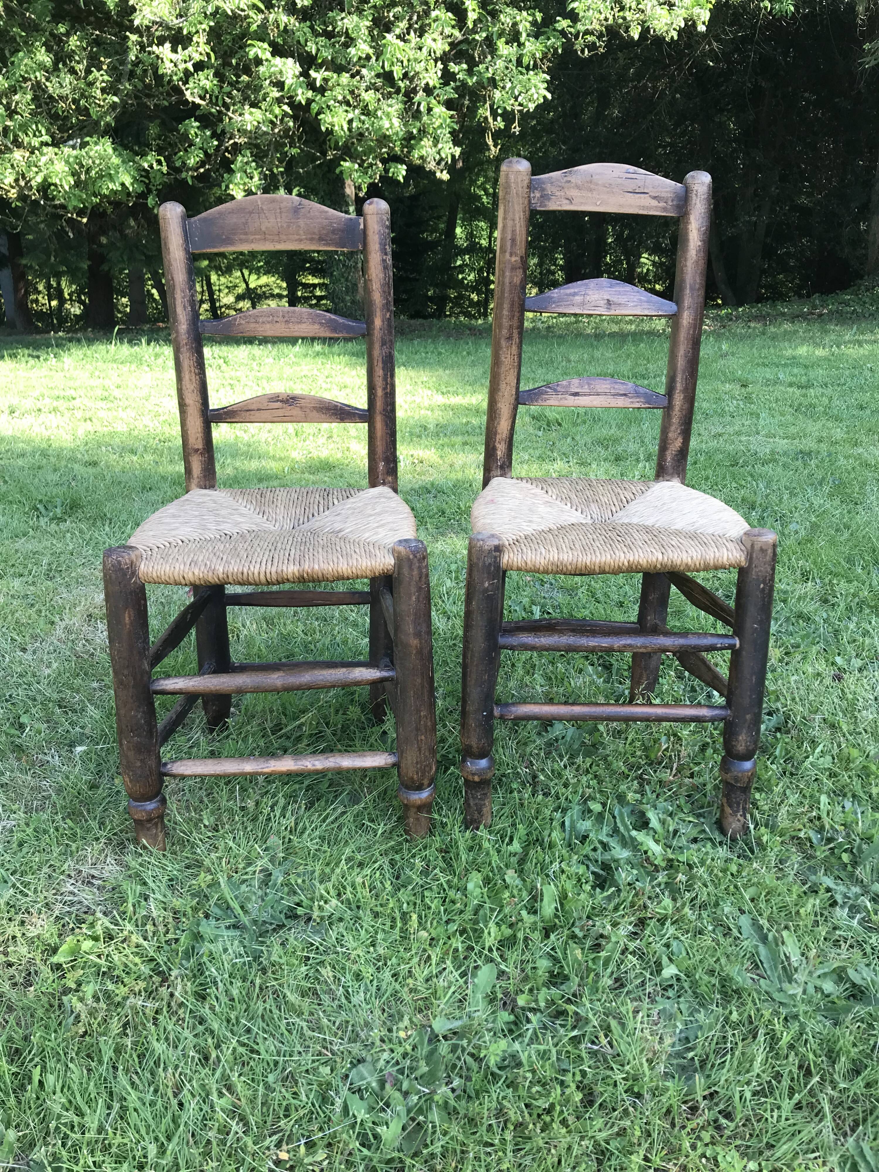 Pair of oak and straw chairs, 19th century period.