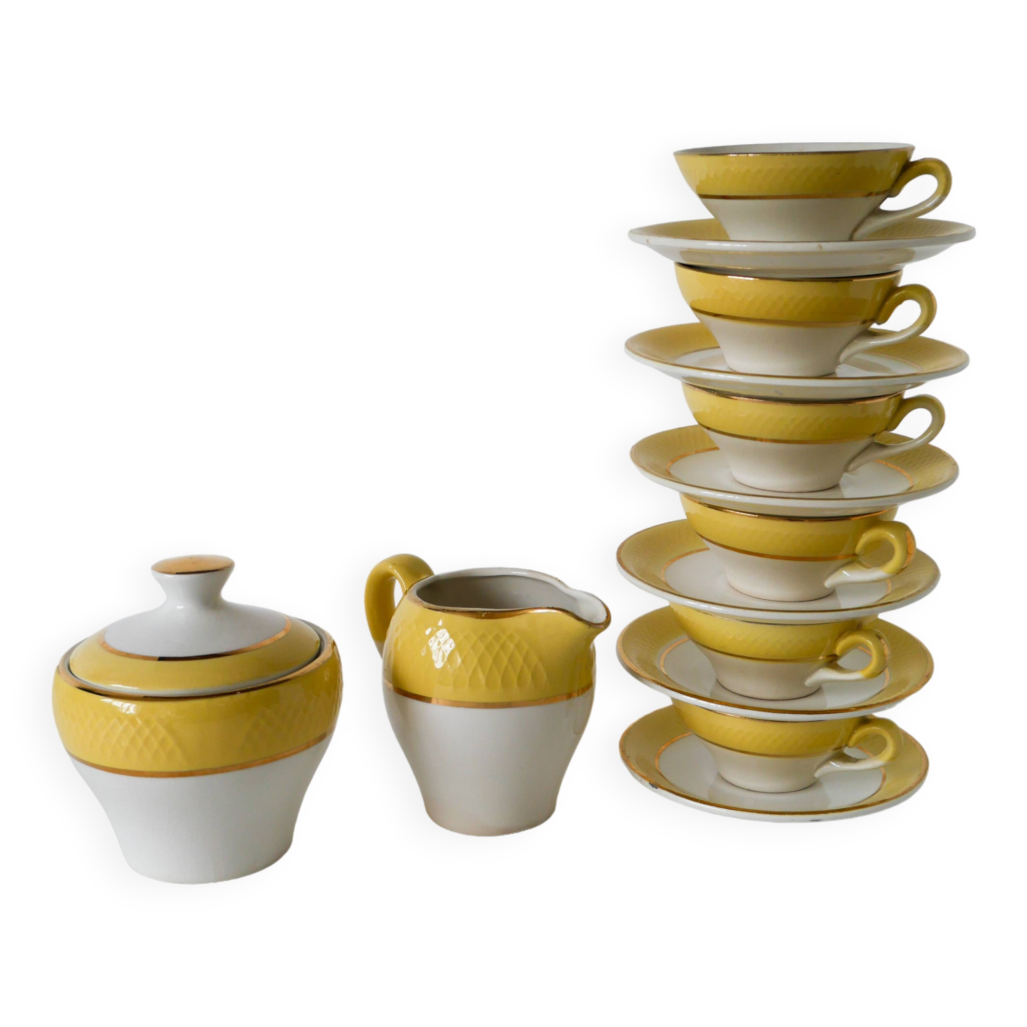 Badonviller Yellow Poussin honeycomb coffee service, composed of 6 cups, 1950
