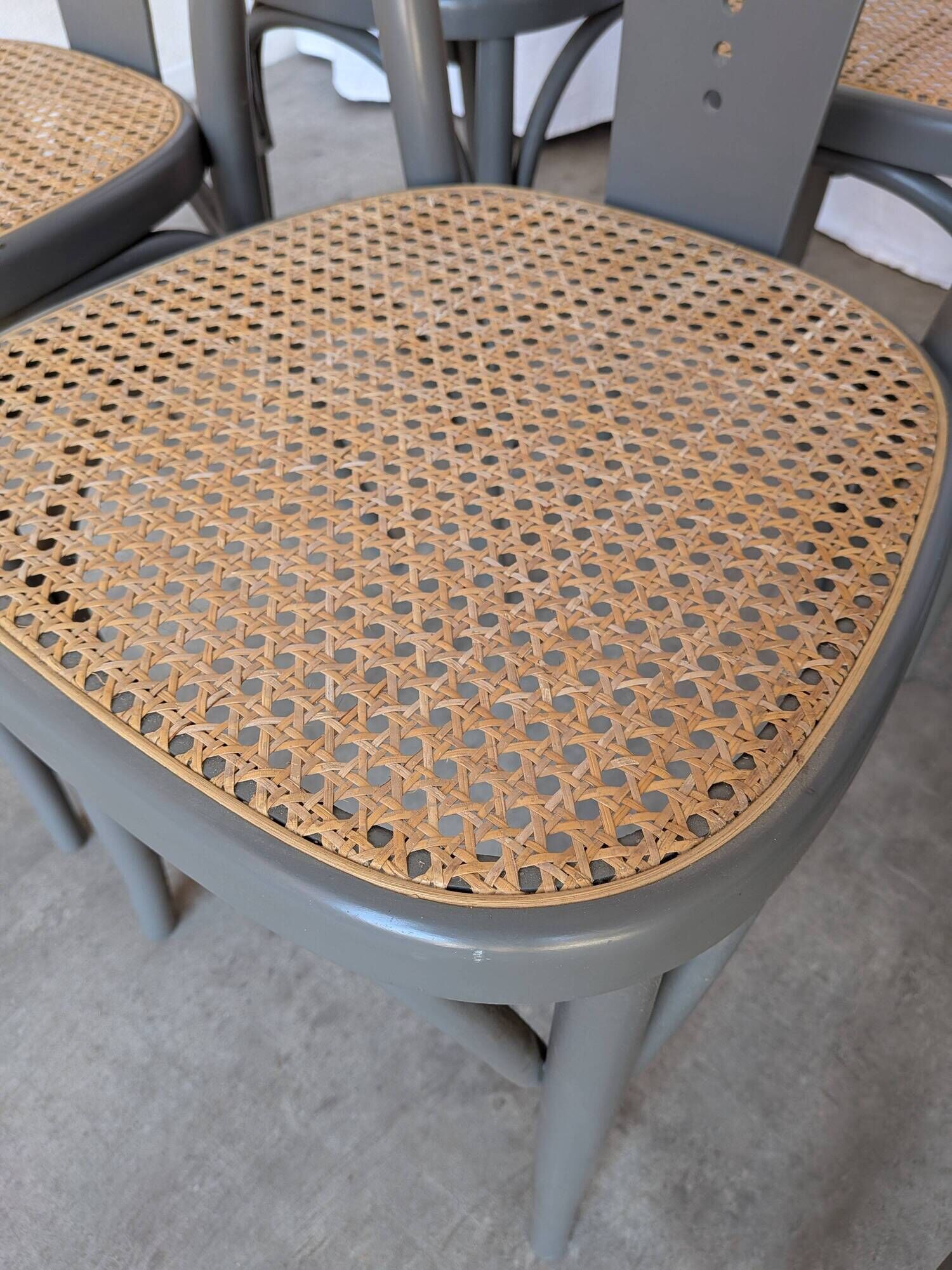 Set of 8 Vintage Gray Bentwood Dining Chair: Thonet Style Cane Seat