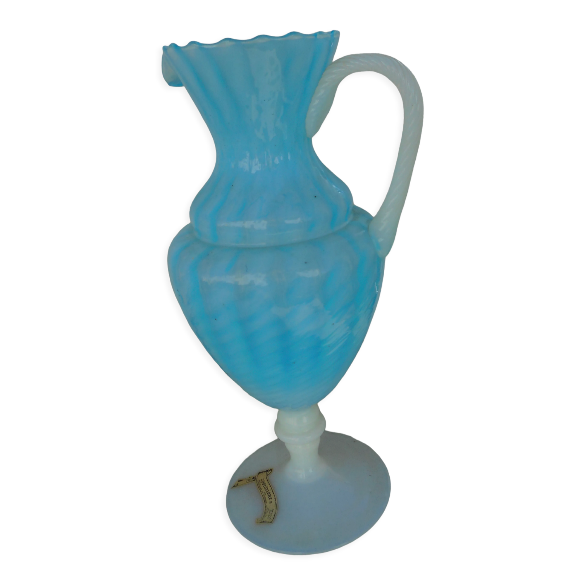 Blue and white opaline pitcher