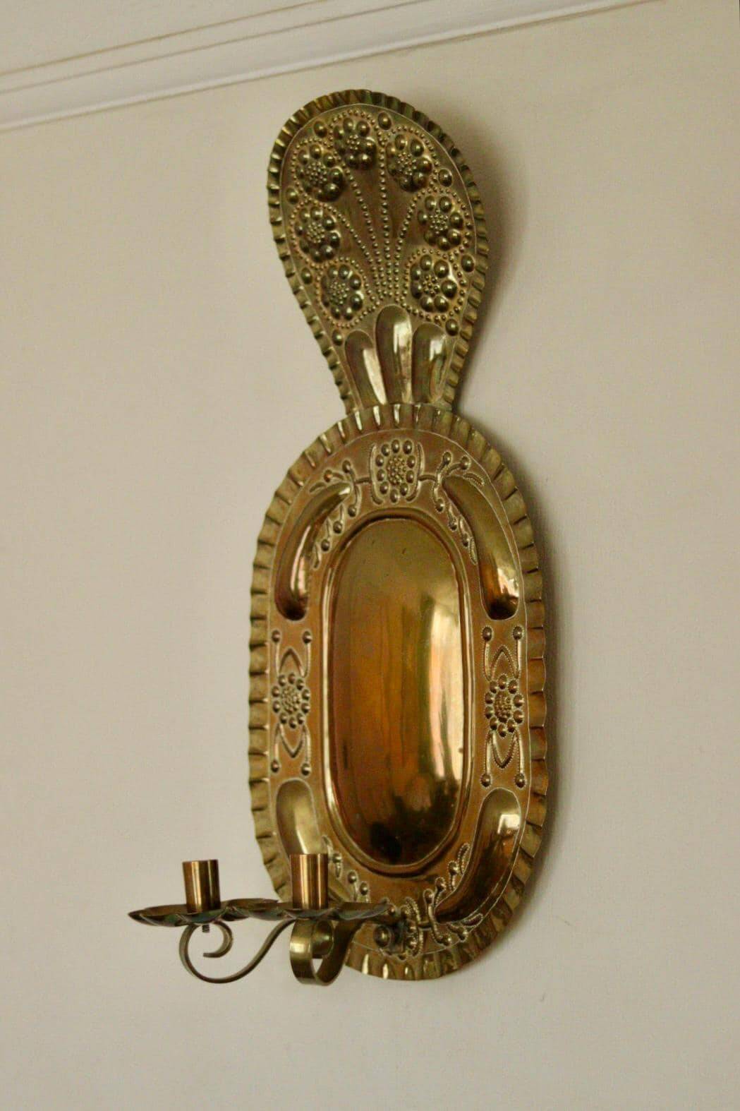 X-large mid-century Swedish brass Baroque sconce with double arm design