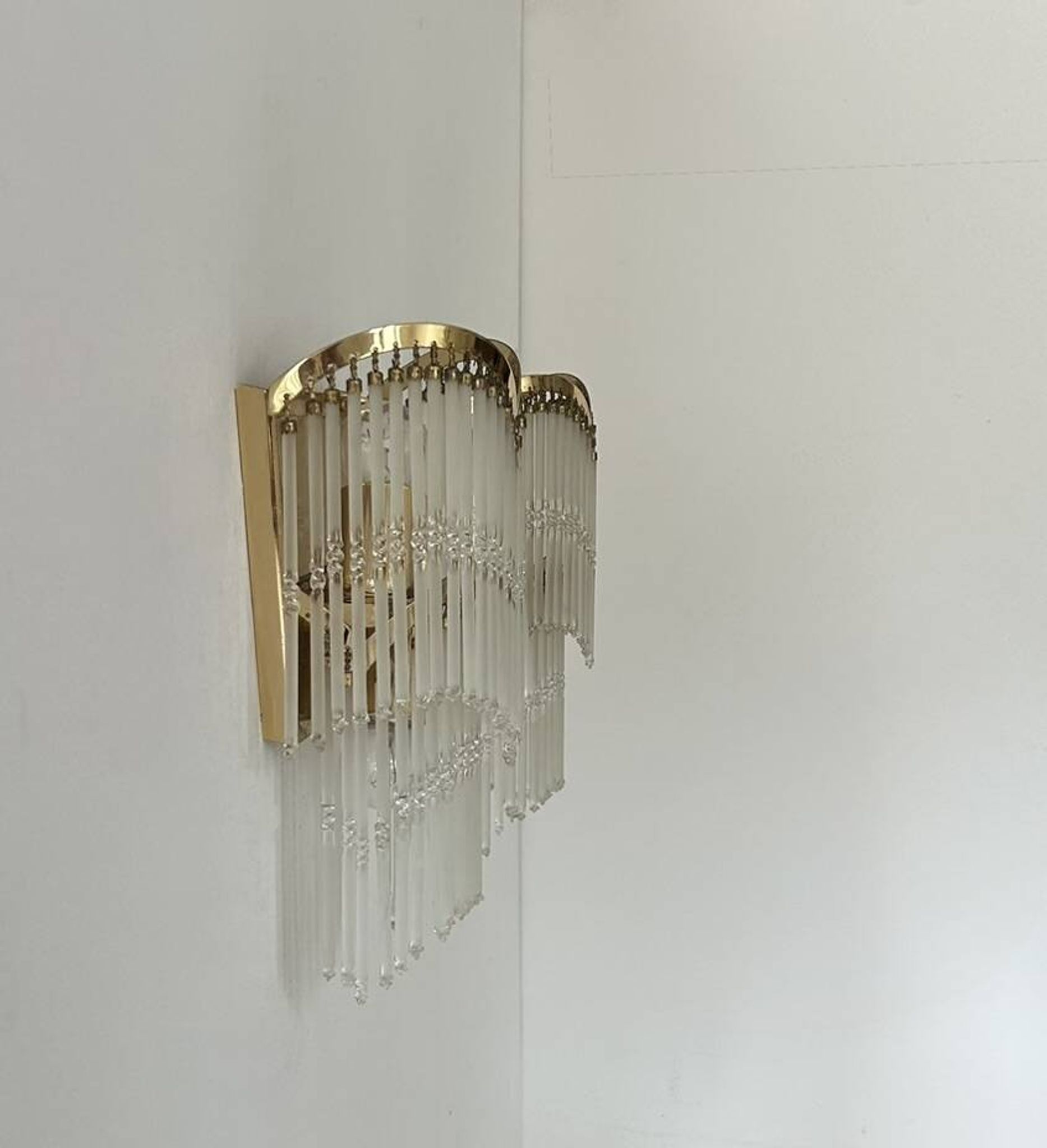 Pair of vintage wall lights, brass and glass pendants, Italy 1970.