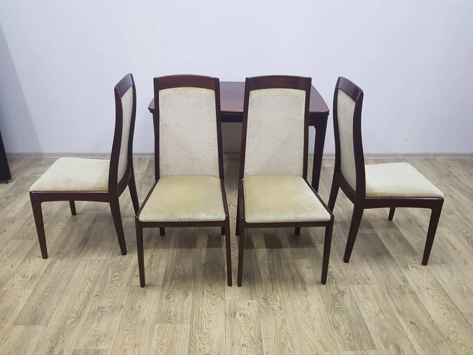 Table and four chairs set, brown wood, beige fabric, Denmark, 1970s.