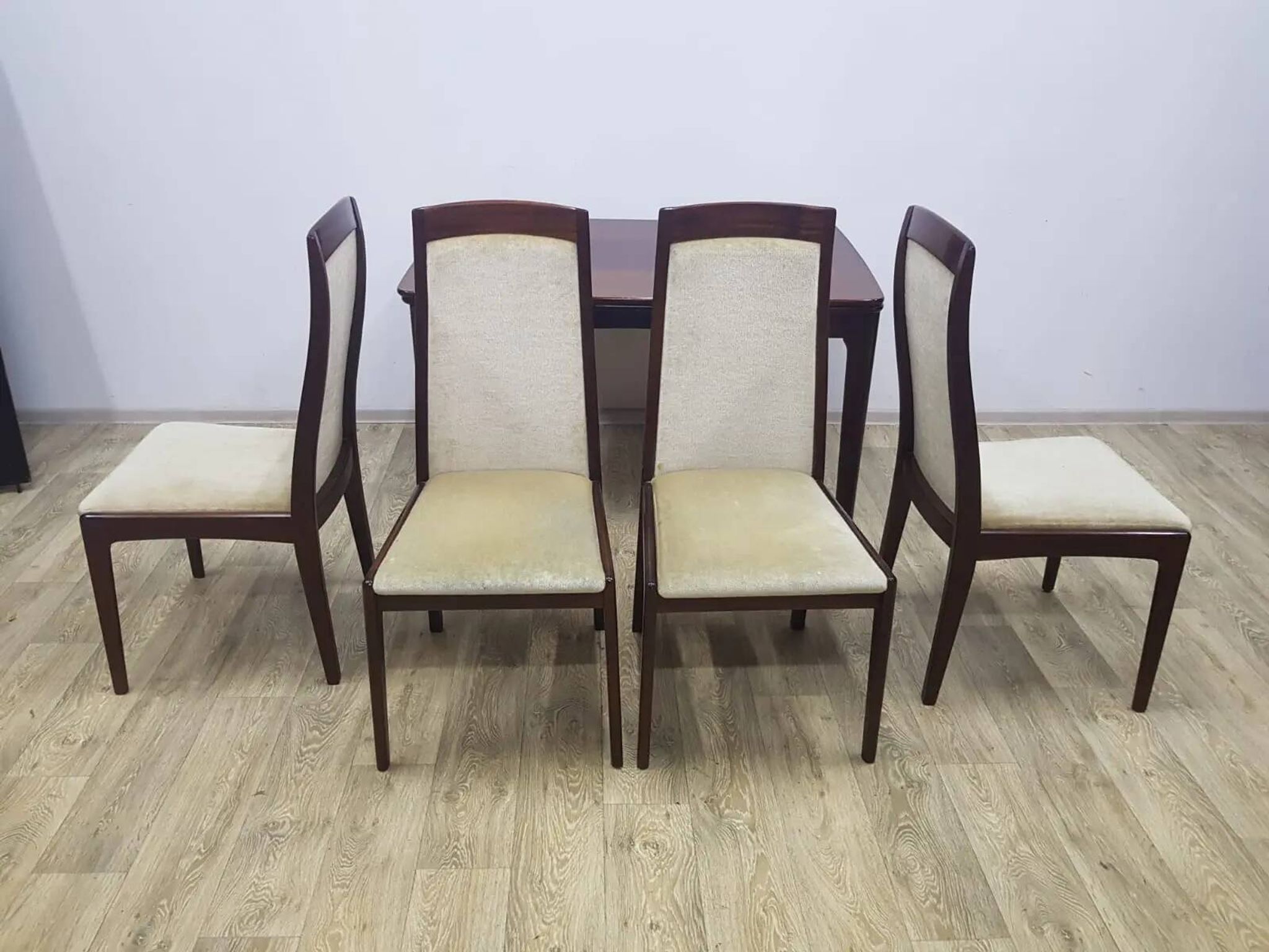 Table and four chairs set, brown wood, beige fabric, Denmark, 1970s.