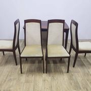 Table and four chairs set, brown wood, beige fabric, Denmark, 1970s.