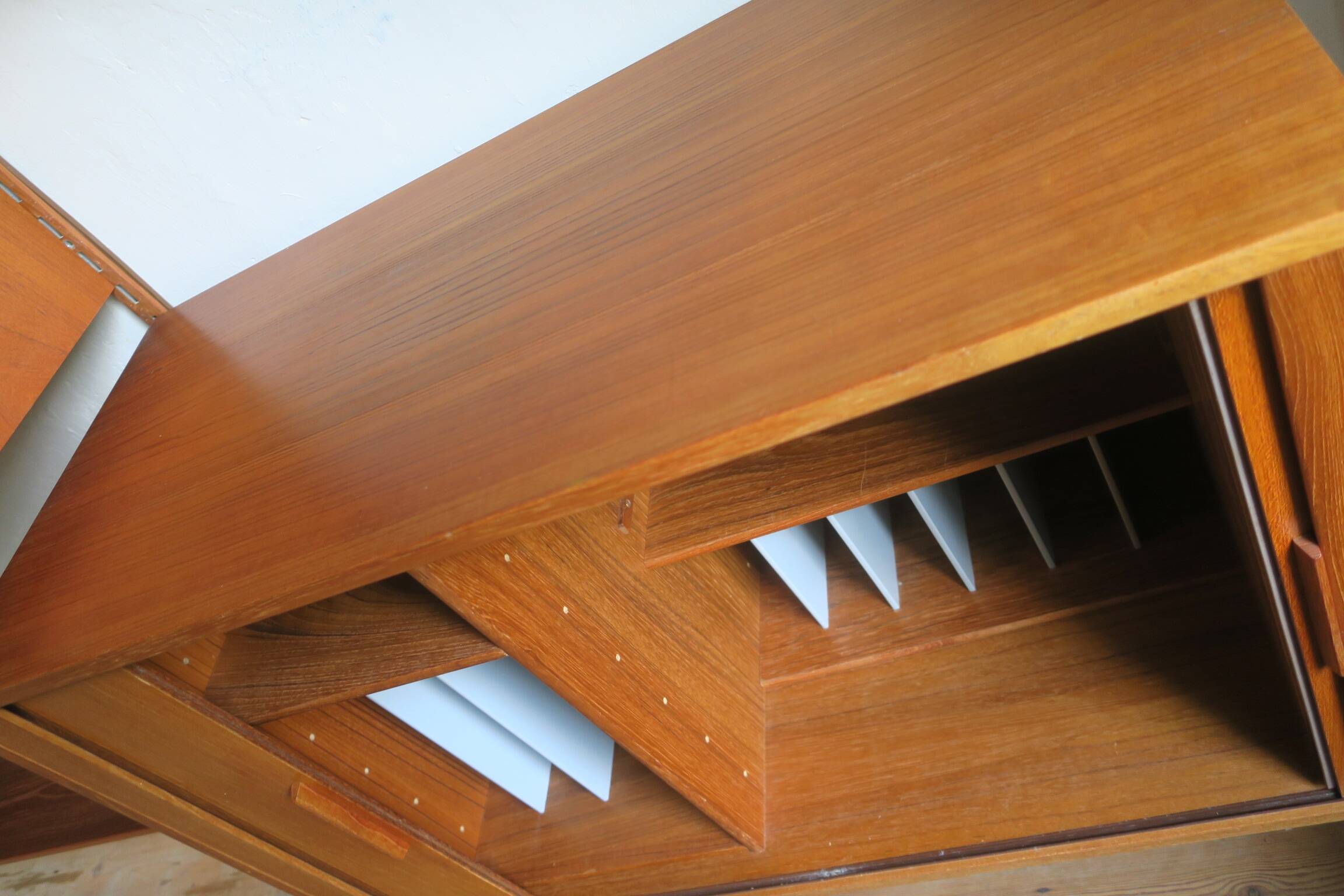 Modular 3-compartment teak wall shelving system with desk and lighting by Kai Kristiansen for FM, Denmark, 1960s