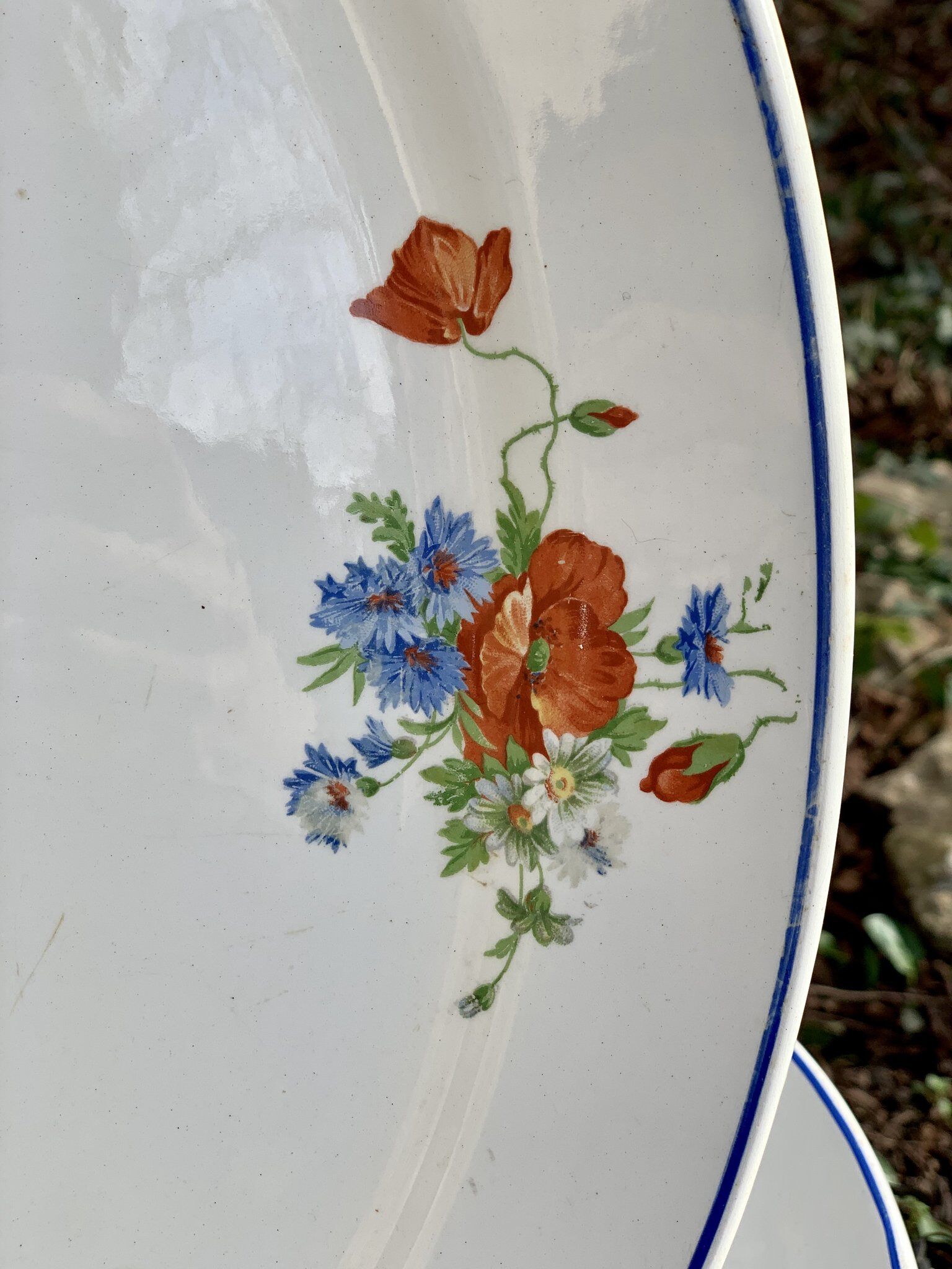 Long old plate in earthenware Salins decoration poppies