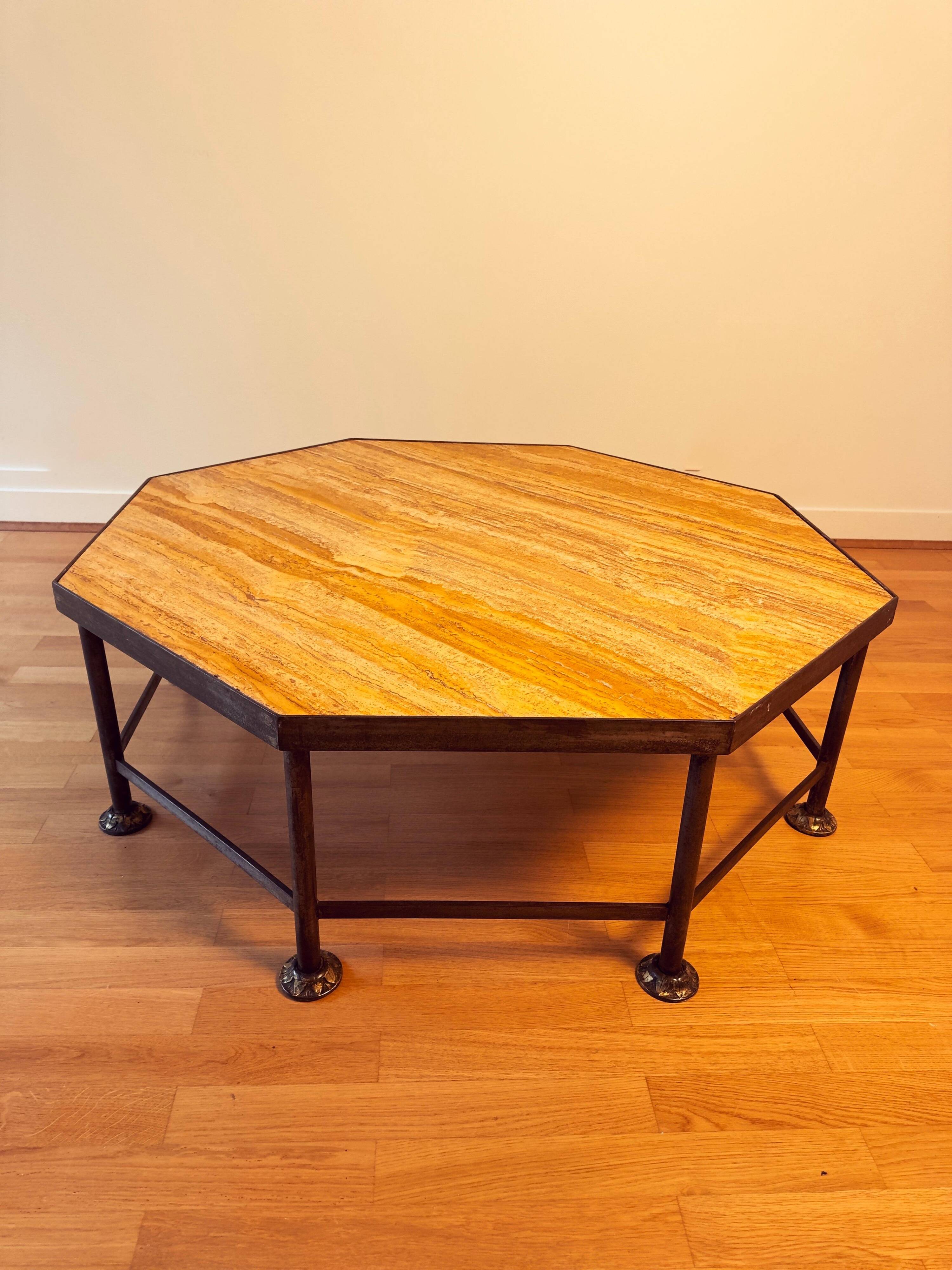 French Octagonal Travertine Coffee Table in the Style of Maison Jansen, 1960s