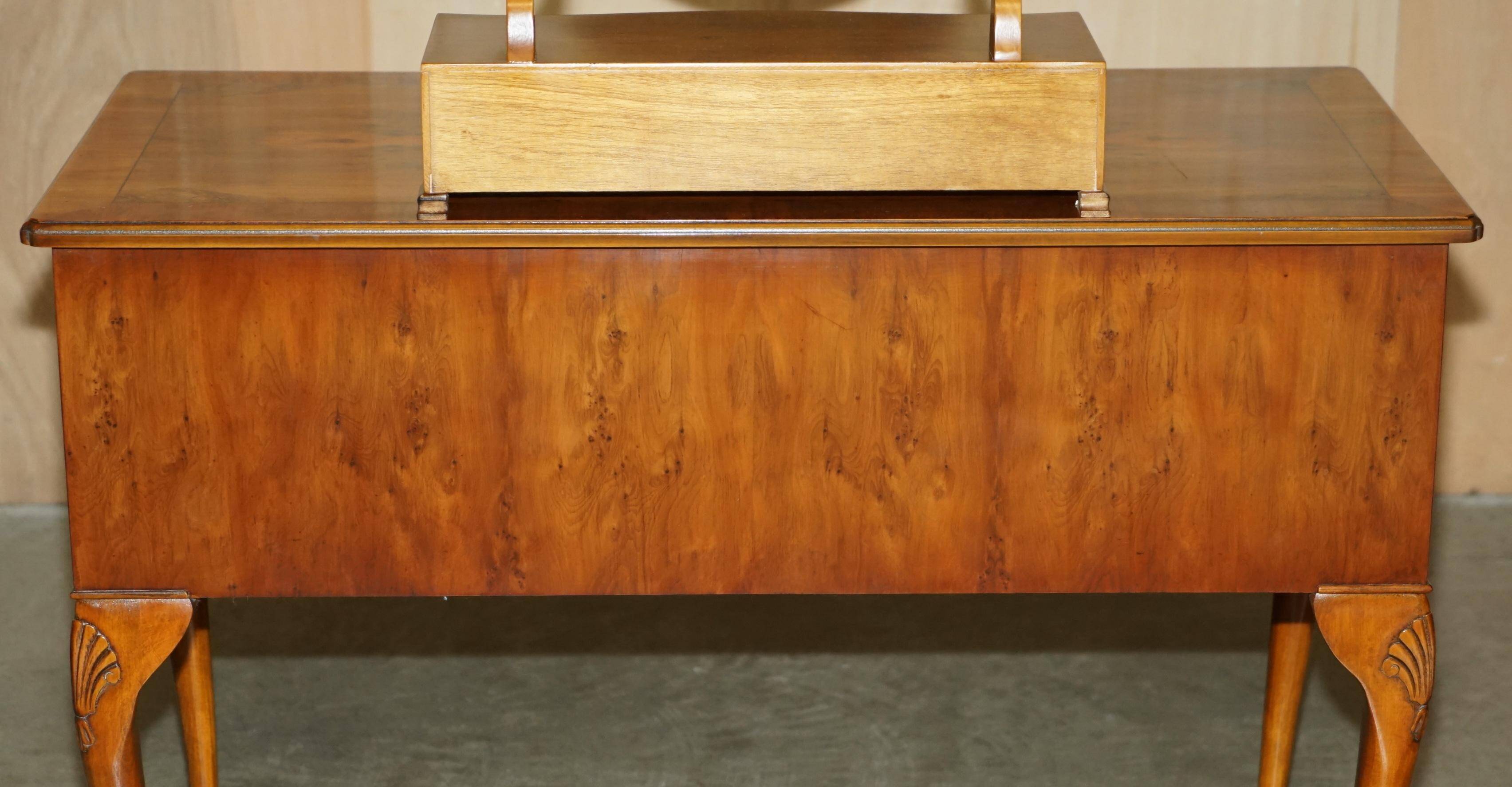 Vintage English walnut burr dressing table with mirror and chair.