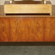 Vintage English walnut burr dressing table with mirror and chair.
