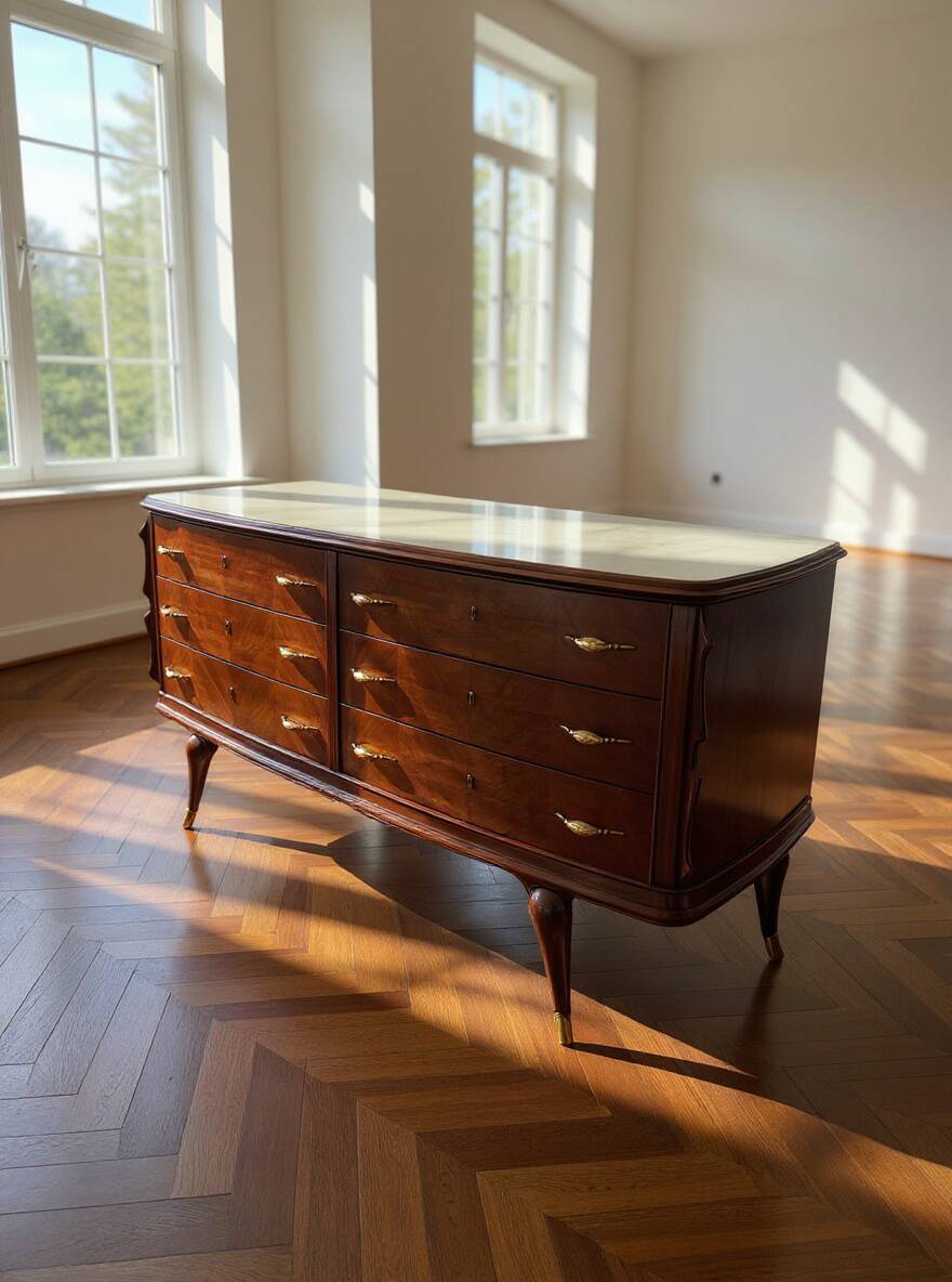 Commode en placage de palissandre avec plateau en onyx vert