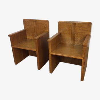 Pair of art deco solid oak chairs