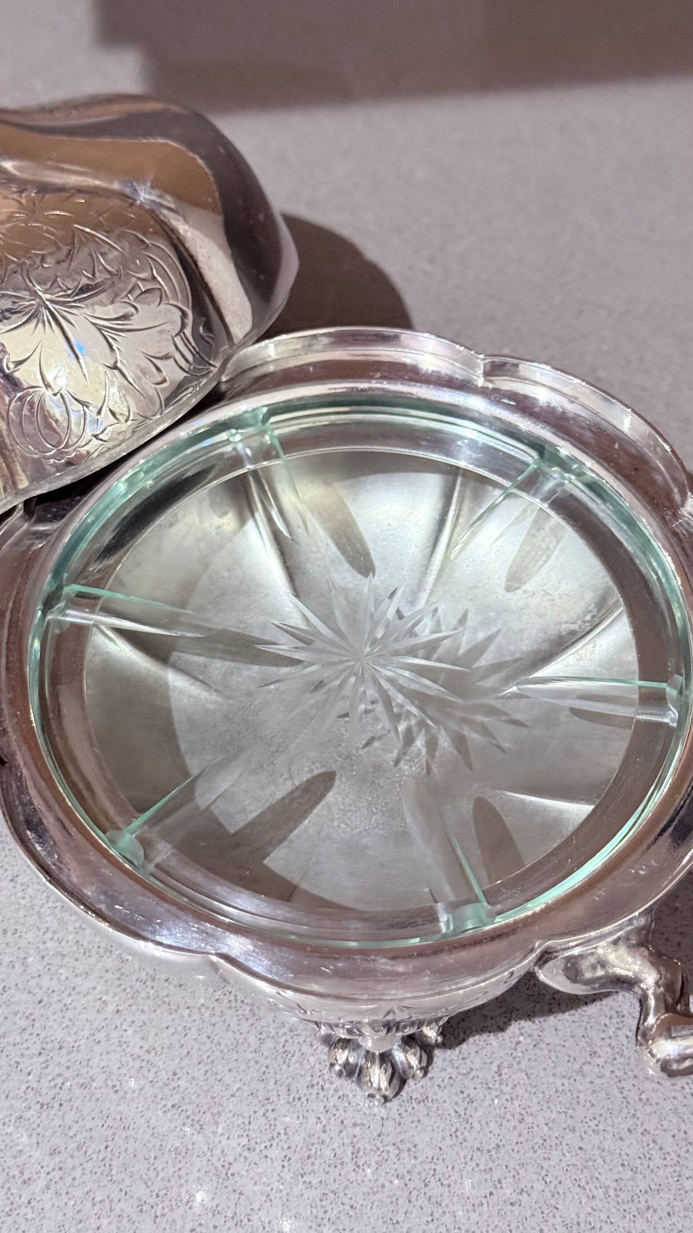 Antique Decorative Caviar Dish Caviar Serving, Silver Quadruple Plate Lid, Spoon