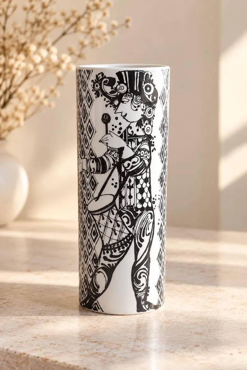 Vintage Rosenthal Studio-Line vase by Bjørn Wiinblad Model "Duet" (Flute Player and Drummer), Mid-Century German porcelain, signed